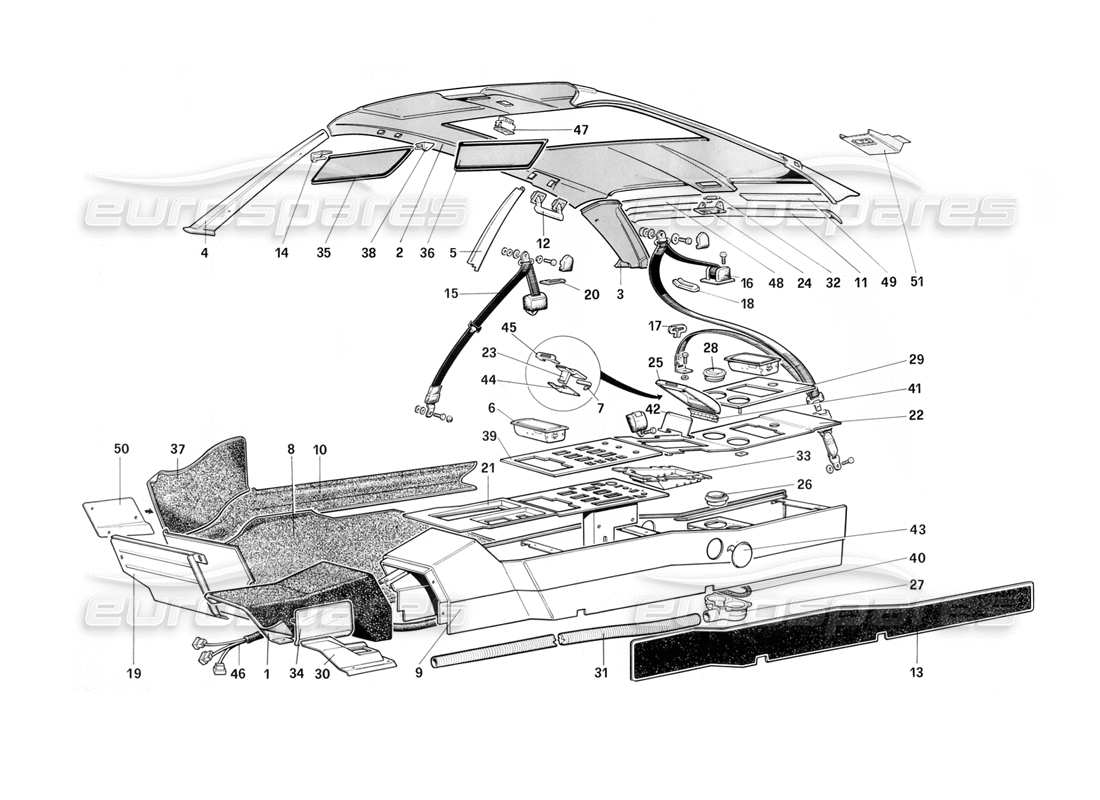 Ferrari Mondial 3.2 QV (1987) Roof, Tunnel and Safety Belts - 3.2 Mondial Coupe Parts Diagram