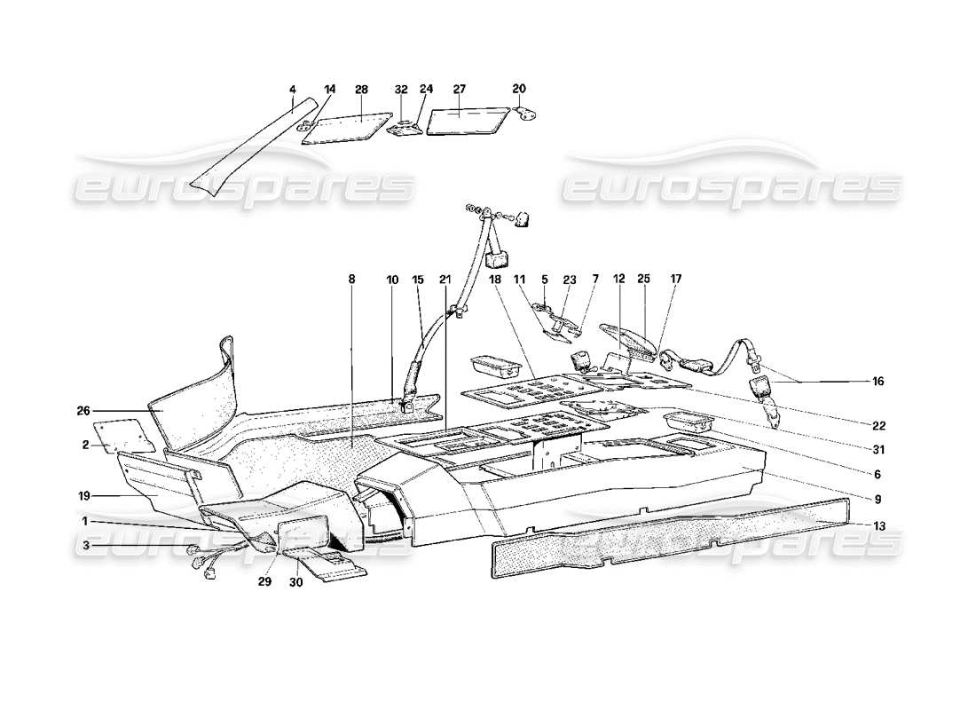 Ferrari Mondial 3.2 QV (1987) Roof, Tunnel and Safety Belts - Cabriolet Parts Diagram