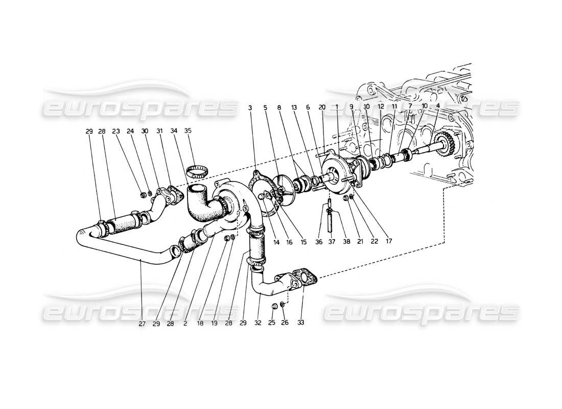 Ferrari 512 BB Water Pump and Pipings Parts Diagram