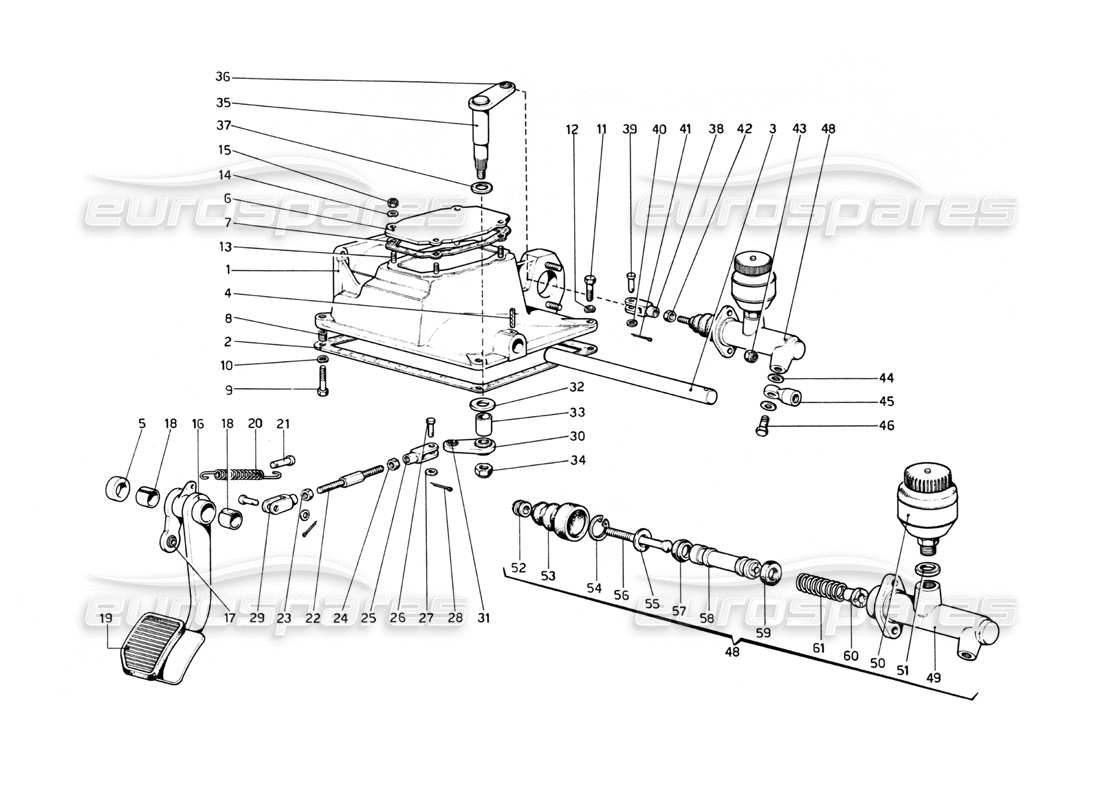Ferrari 512 BB clutch release control (Variants for RH D. Version) Parts Diagram