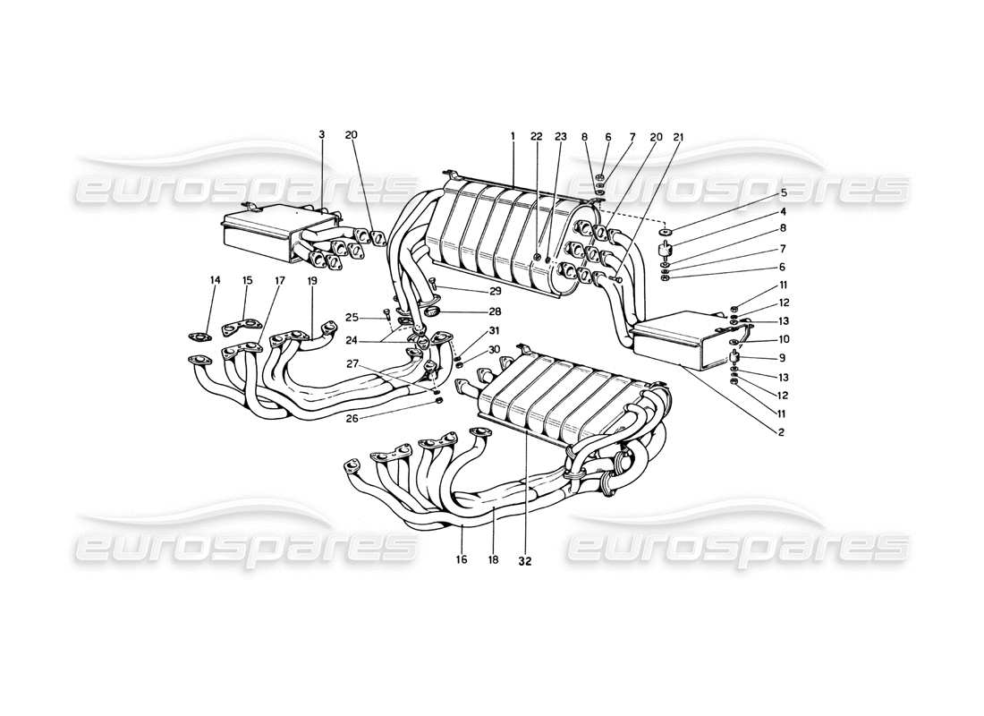 Ferrari 365 GT4 Berlinetta Boxer Exhaust System Part Diagram