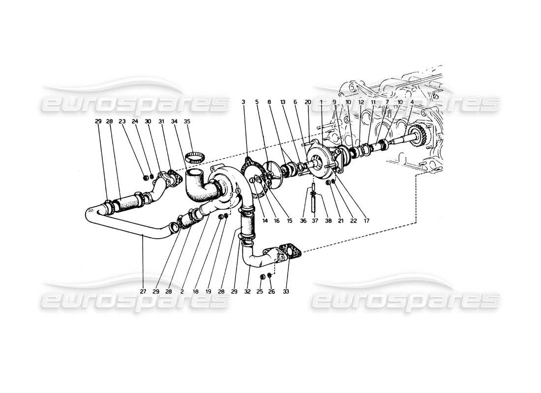 Ferrari 365 GT4 Berlinetta Boxer Water Pump and Pipes Parts Diagram