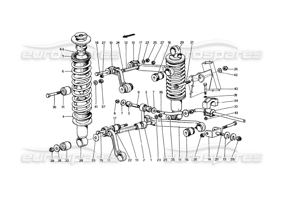 Ferrari 365 GT4 Berlinetta Boxer Rear Suspension - Wishbones and Shock Absorbers Parts Diagram