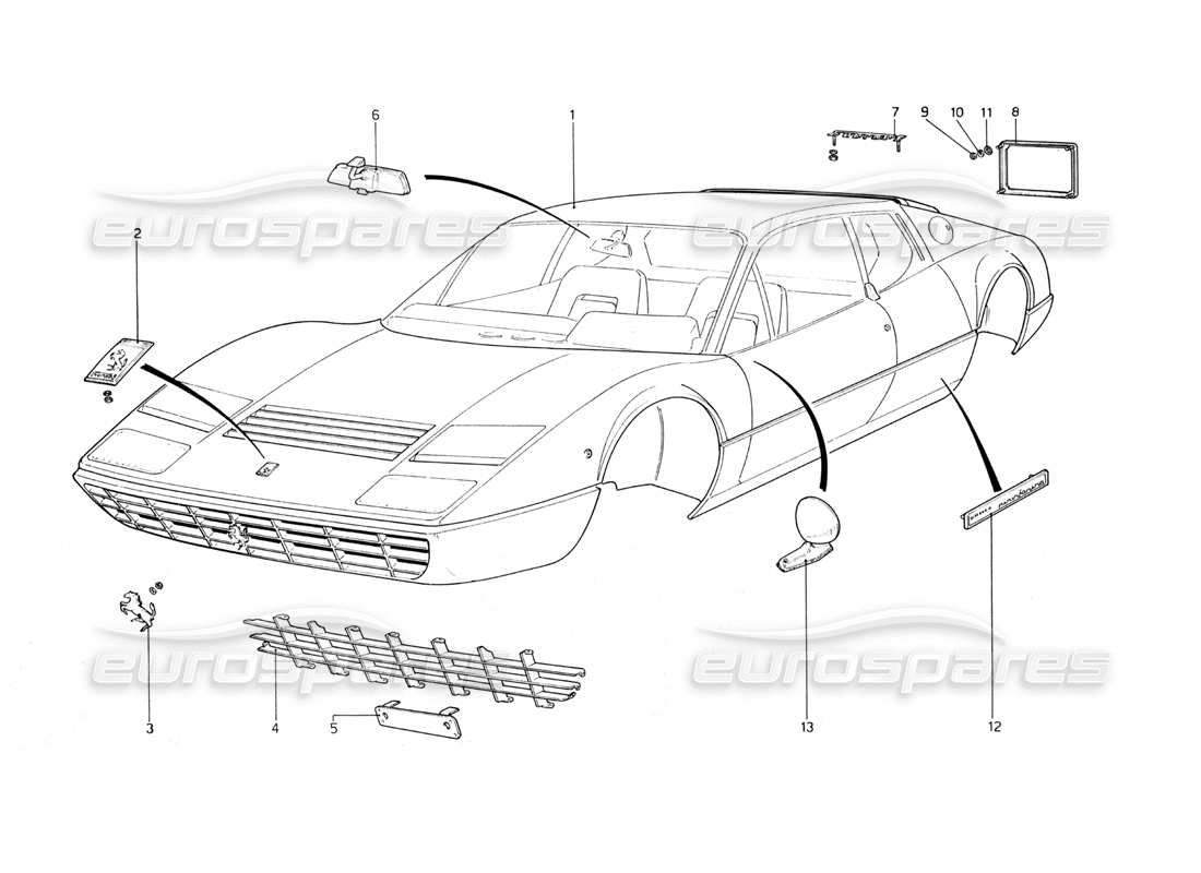 Ferrari 365 GT4 Berlinetta Boxer Body Shell and Mouldings Parts Diagram