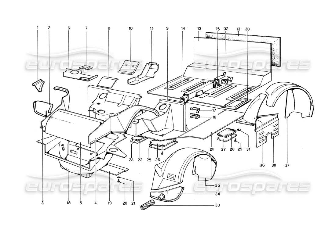 Ferrari 365 GT4 Berlinetta Boxer Body Shell - Inner Elements Part Diagram