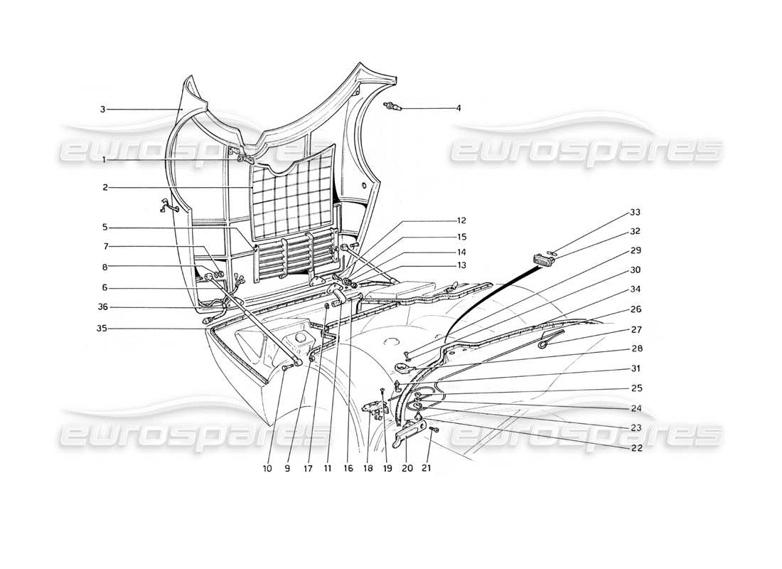 Ferrari 365 GT4 Berlinetta Boxer Front Compartment Lid Parts Diagram