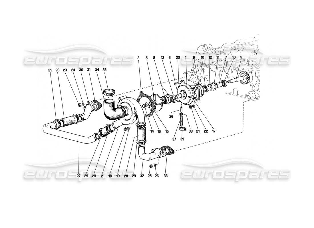 Ferrari 512 BBi Water Pump and Pipings Part Diagram