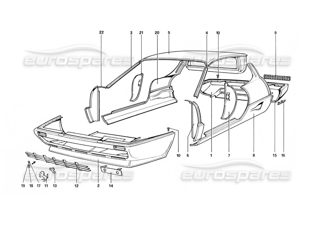 Ferrari 512 BBi Body Shell - Outer Elements Part Diagram