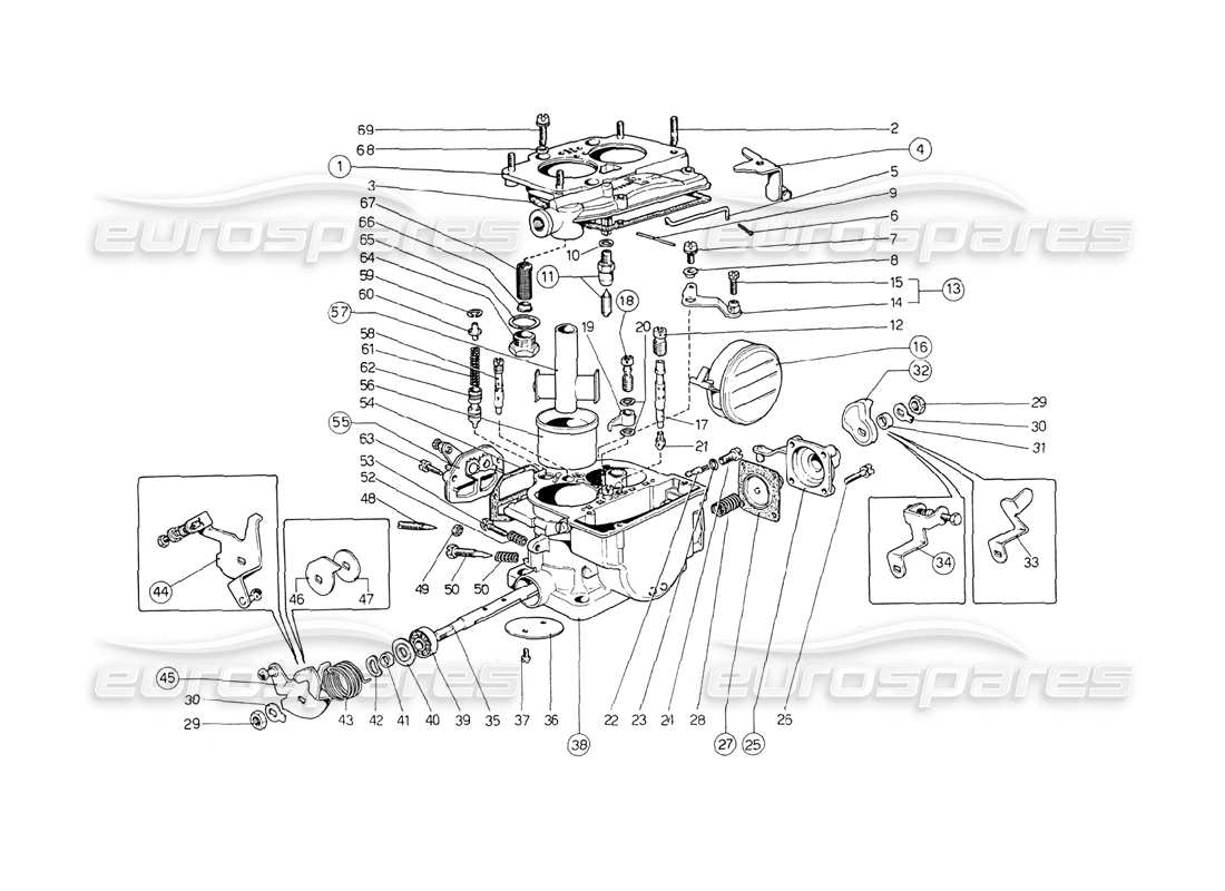 Ferrari 208 GT4 Dino (1975) Weber Carburettors (34 DCN 53-54-55-56) Parts Diagram