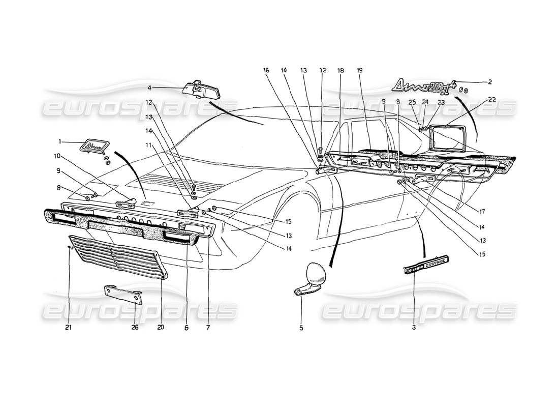 Ferrari 208 GT4 Dino (1975) Bumpers and Mouldings Part Diagram