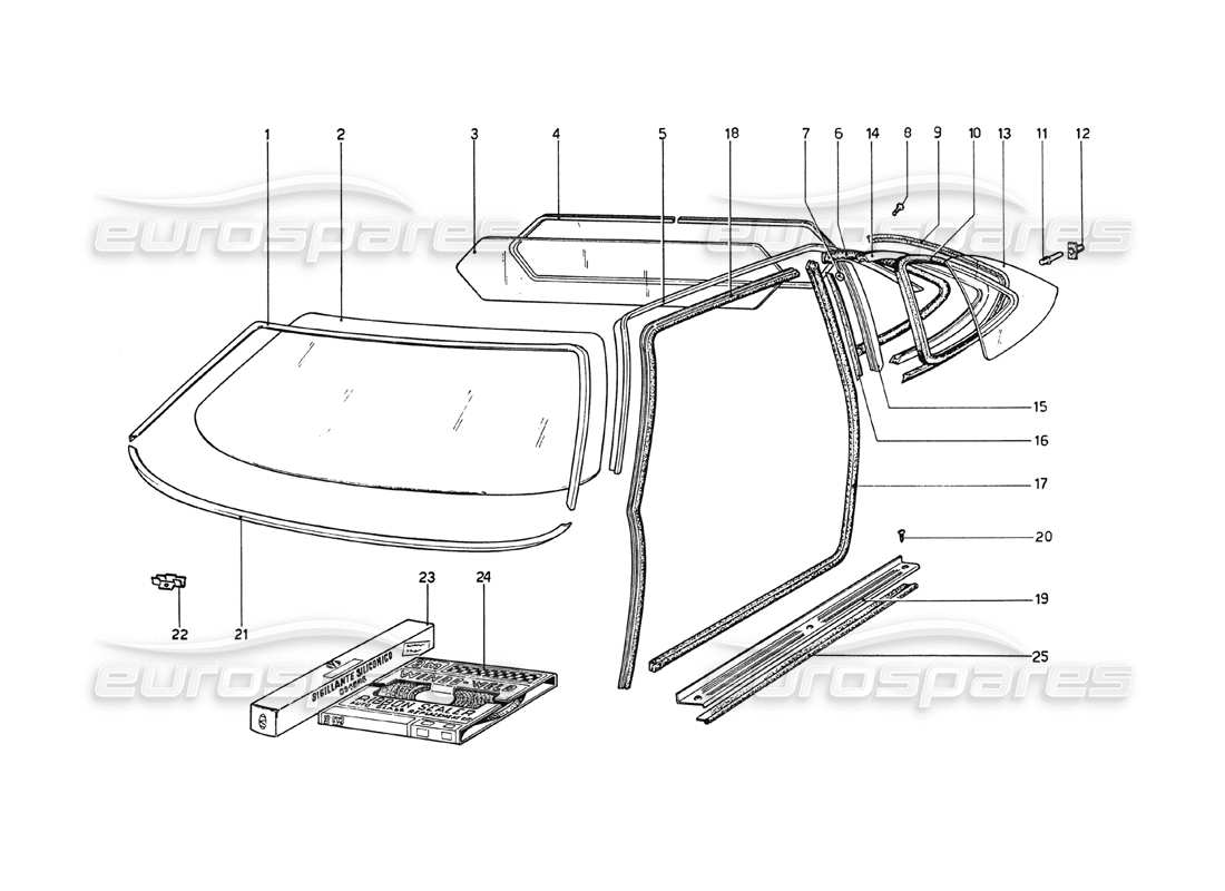 Ferrari 208 GT4 Dino (1975) Glasses Parts Diagram