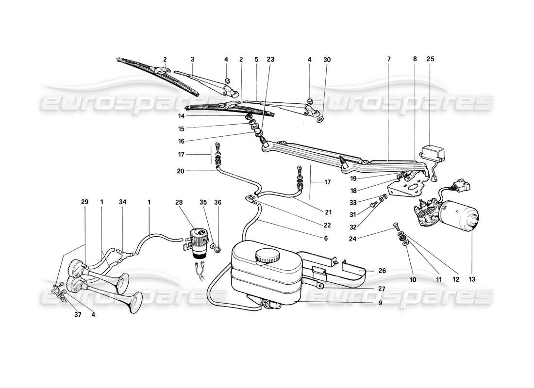 Ferrari 208 Turbo (1982) Windshields Wiper, Washer and Horn Parts Diagram