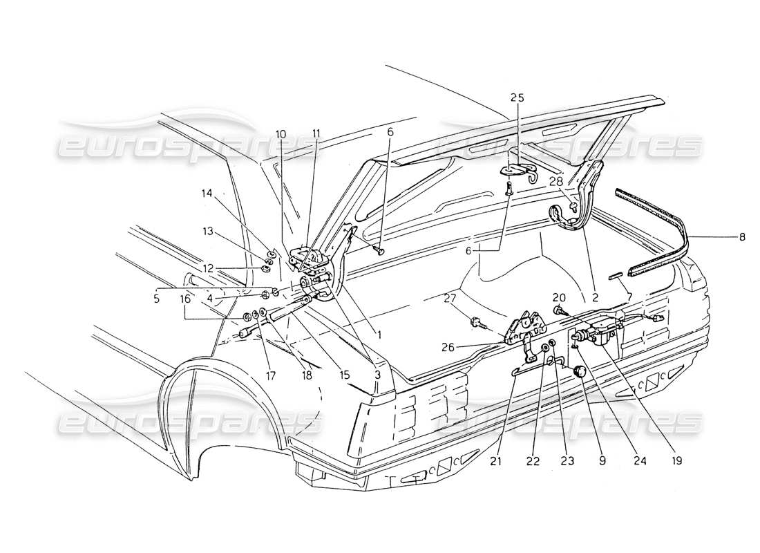 maserati 418 / 4.24v / 430 trunk lid, hinges and opening controls parts diagram