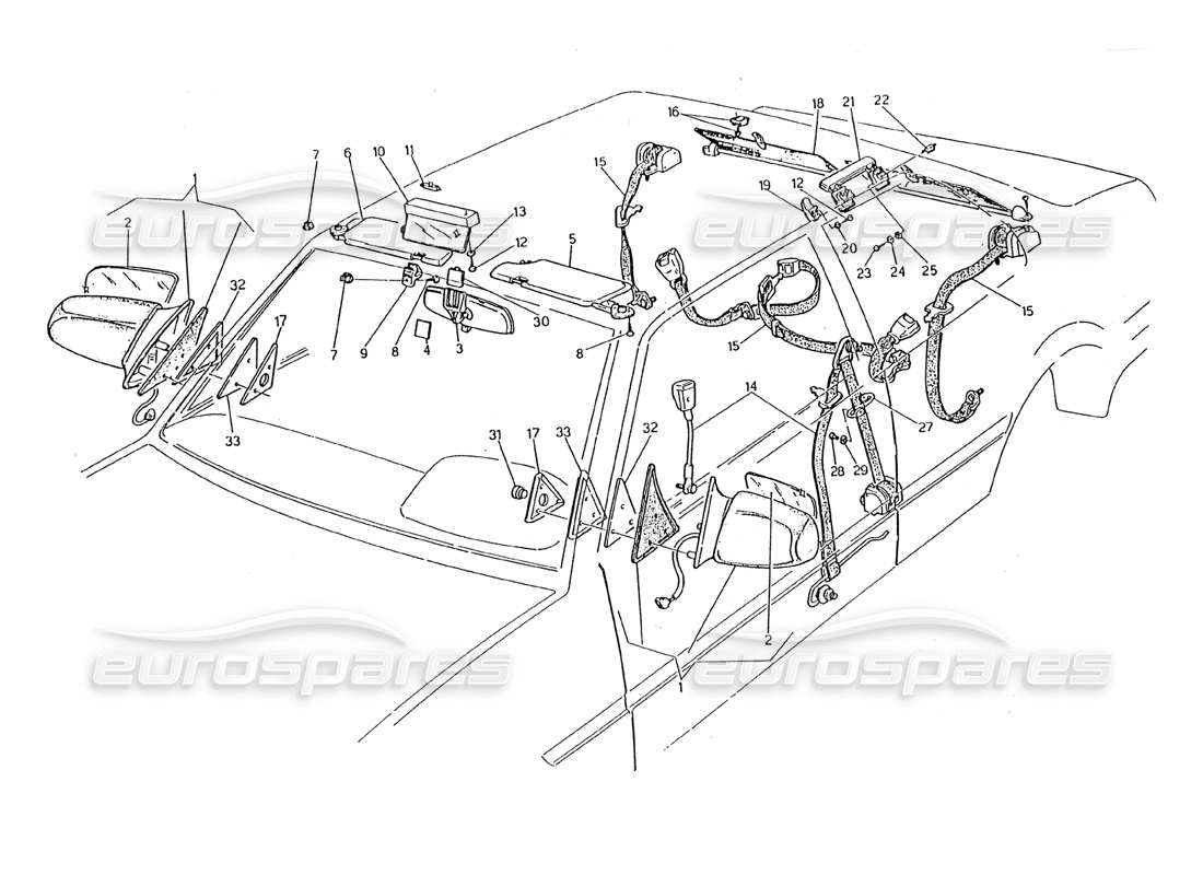 maserati 2.24v seat belts, mirrors and sun visor parts diagram