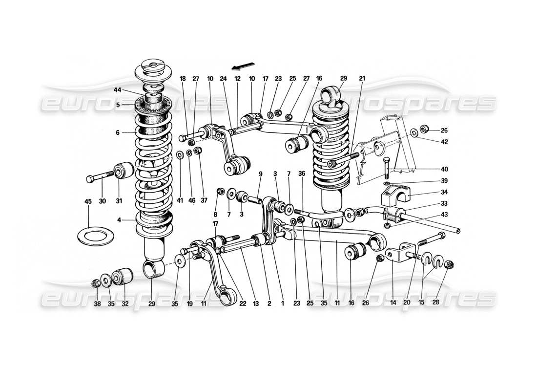 FERRARI 512 BBI REAR SUSPENSION - WISHBONES AND SHOCK ABSORBERS PART DIAGRAM ferrari 512 bbi rear suspension - wishbones and shock absorbers part diagram