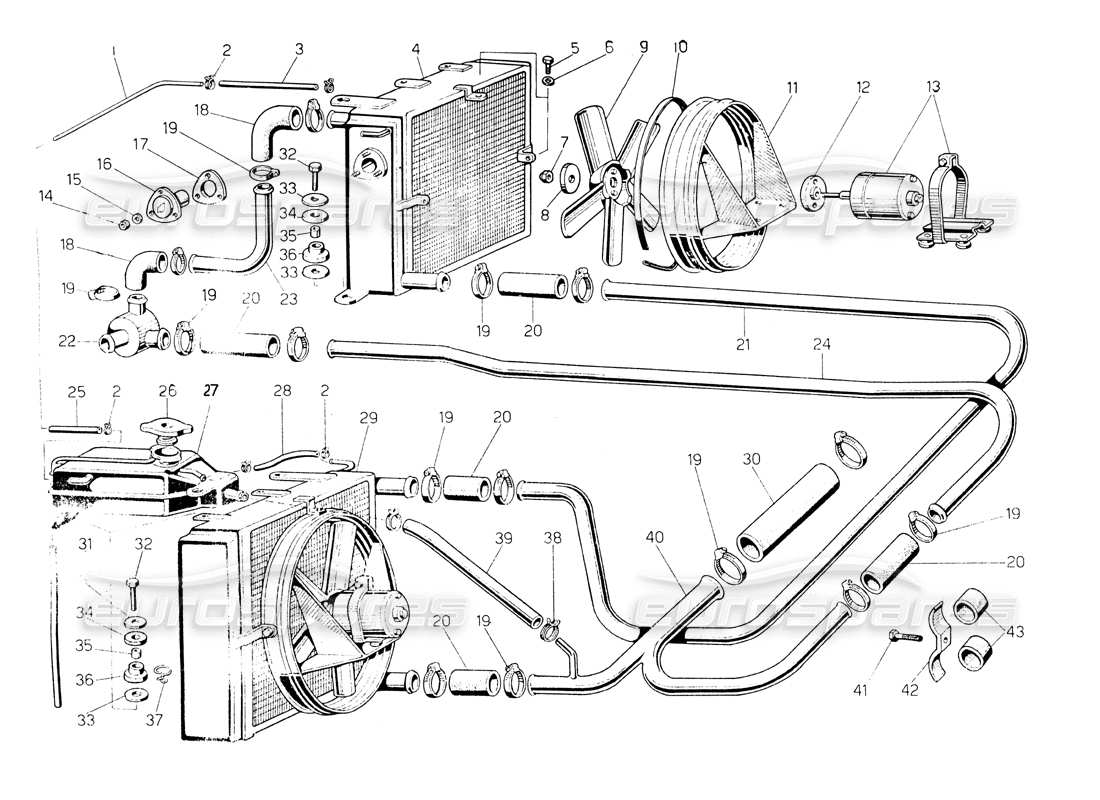 LAMBORGHINI COUNTACH LP400 RADIATOR AND COOLANT SYSTEM PART DIAGRAM lamborghini countach lp400 radiator and coolant system part diagram