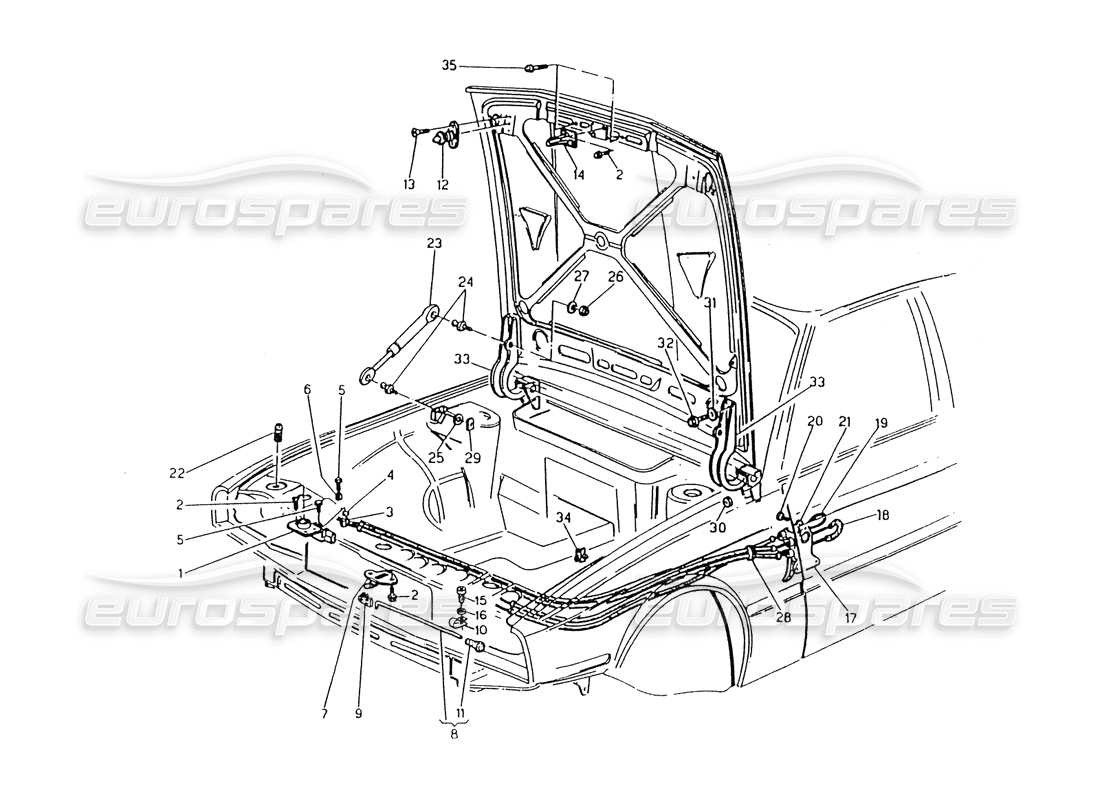 maserati 418 / 4.24v / 430 engine hood, hinges and opening controls parts diagram