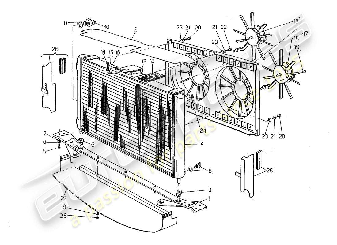 maserati 418 / 4.24v / 430 radiator and cooling fans parts diagram