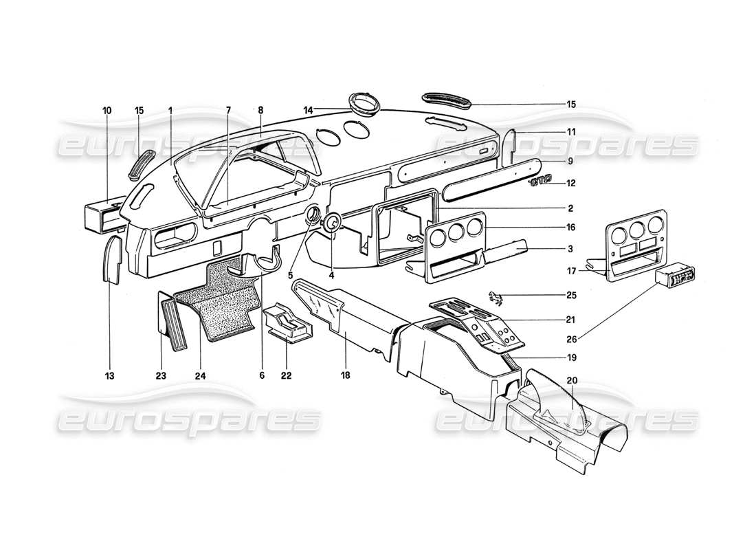 FERRARI 288 GTO INSTRUMENT, PANEL AND TUNNEL PART DIAGRAM ferrari 288 gto instrument, panel and tunnel part diagram