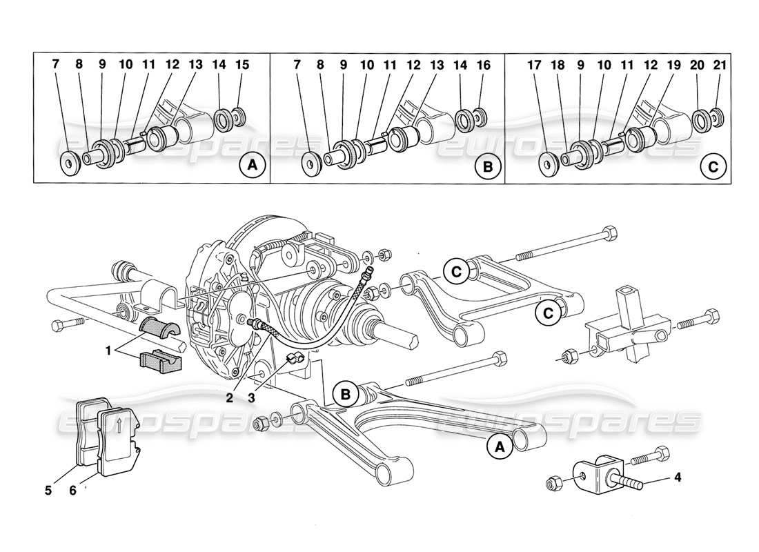 ferrari 348 challenge (1995) rear suspension pads and brake pipes parts diagram