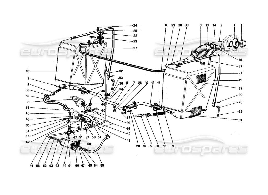 FERRARI 512 BBI FUEL TANKS, PUMPS AND PIPES PART DIAGRAM ferrari 512 bbi fuel tanks, pumps and pipes part diagram