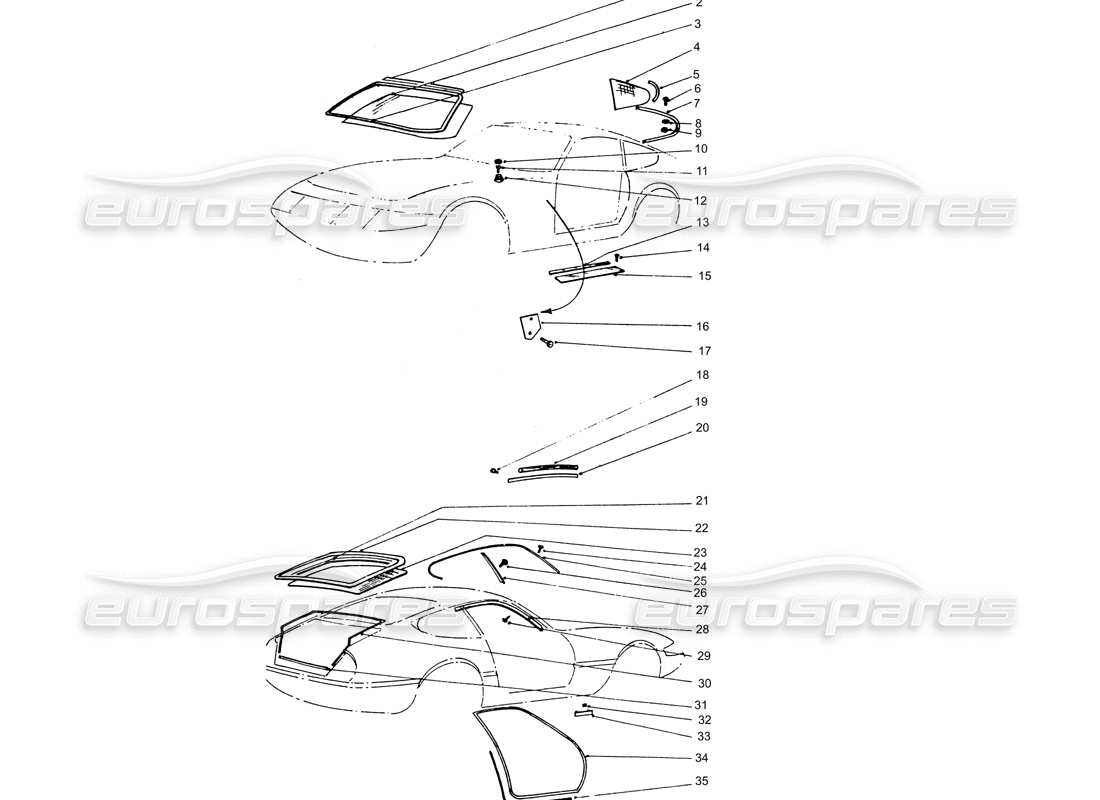 ferrari 365 gtb4 daytona (coachwork) glass & rubber seals part diagram