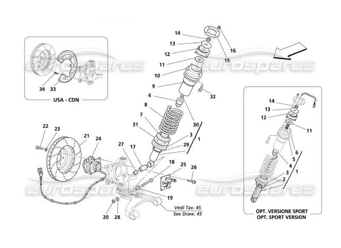 maserati 4200 coupe (2005) front suspension - shock absorber and brake disc parts diagram