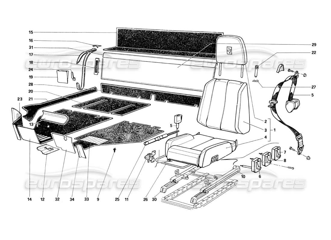 ferrari testarossa (1990) seats and carpets parts diagram
