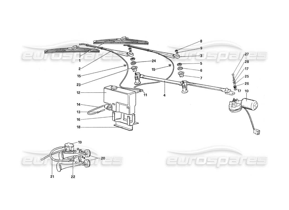 FERRARI 288 GTO WINDSHIELD WIPER - WASHER AND HORN PART DIAGRAM ferrari 288 gto windshield wiper - washer and horn part diagram