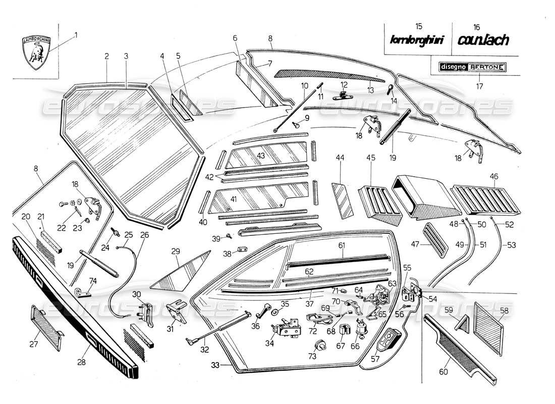 a part diagram from the lamborghini countach parts catalogue