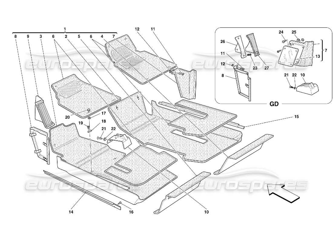 ferrari 456 gt/gta passengers compartment upholstery and carpets parts diagram