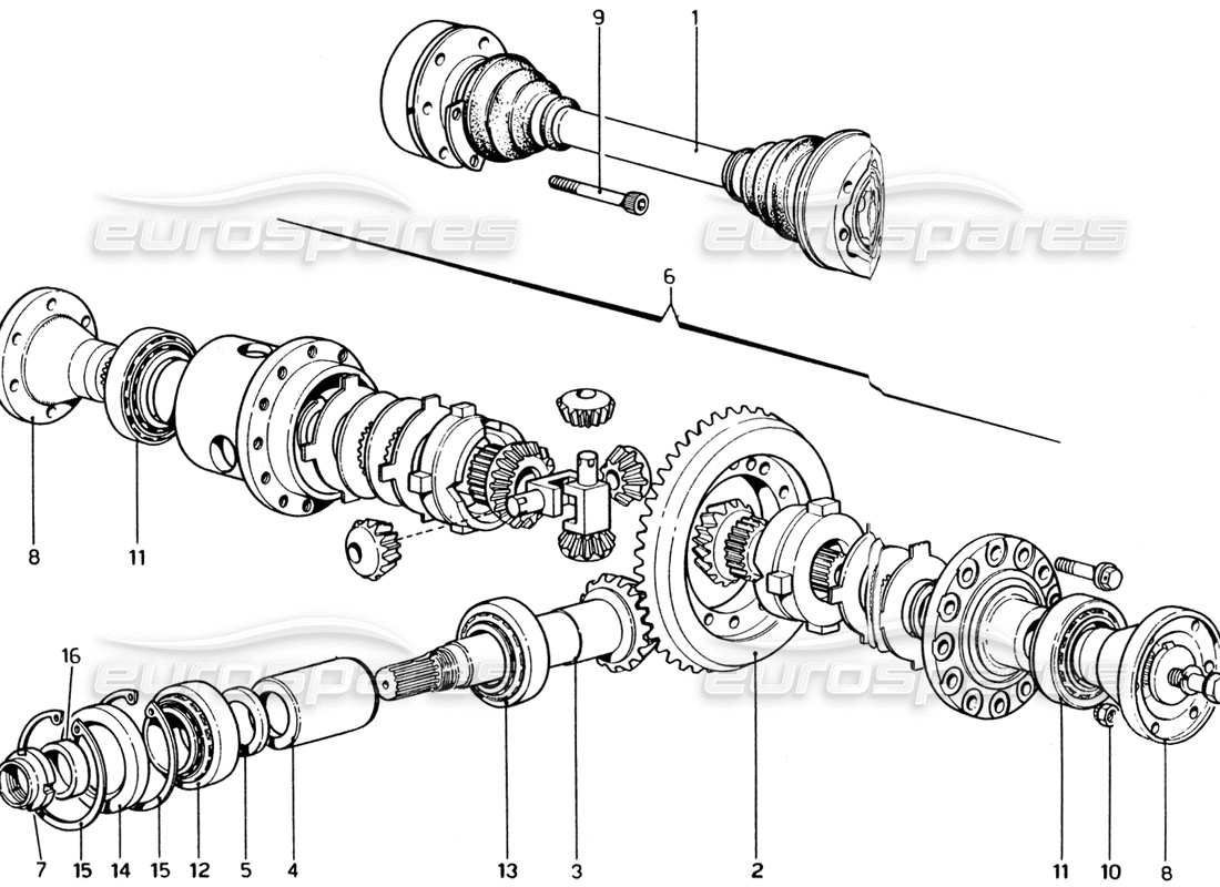 ferrari 365 gt4 2+2 (1973) differential & axle shafts parts diagram