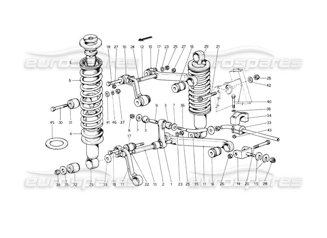 ferrari 512 bb rear suspension. wishbones and shock absorbers parts diagram