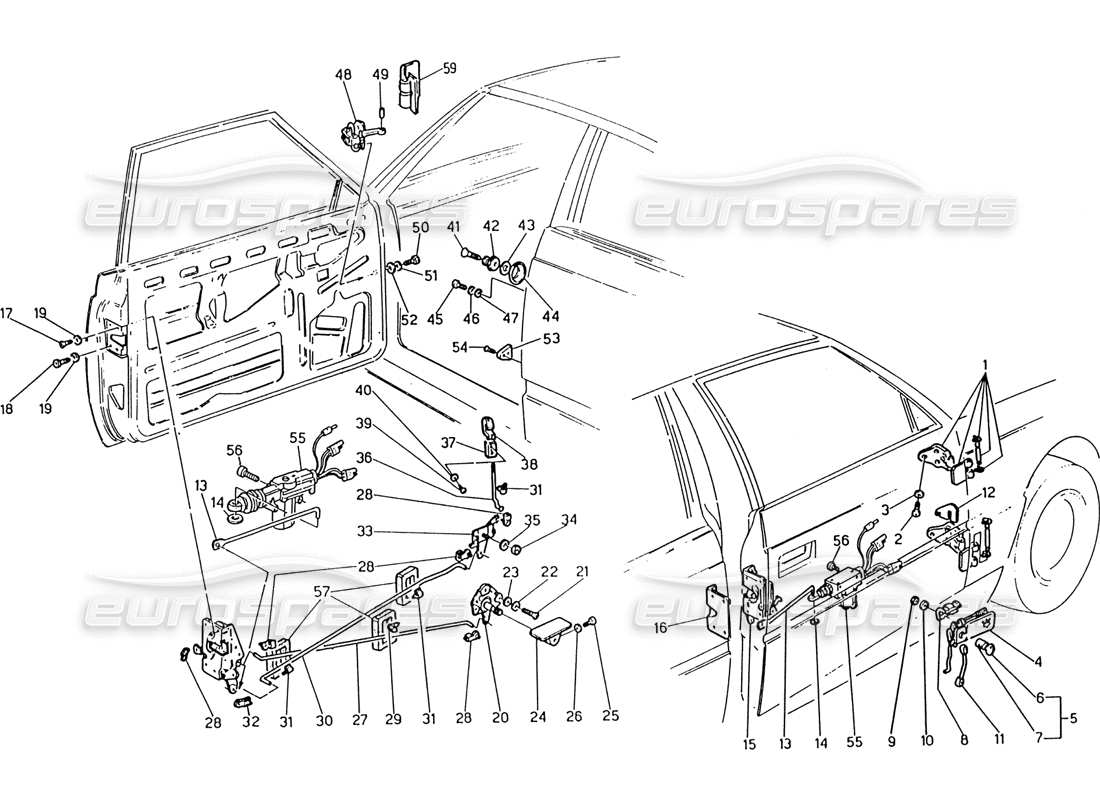 maserati 222 / 222e biturbo doors: hinges and inner controls parts diagram