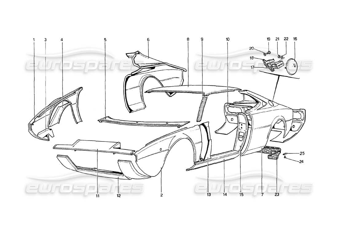 ferrari 208 gt4 dino (1975) body shell - outer elements parts diagram