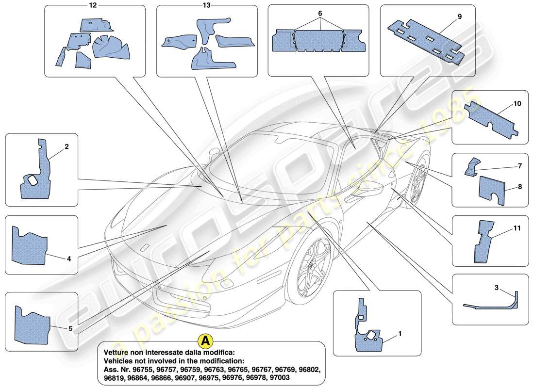 a part diagram from the ferrari 458 italia (rhd) parts catalogue