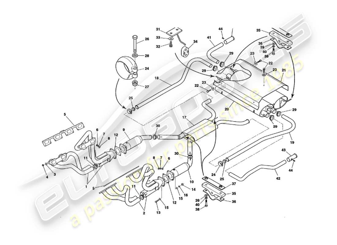 aston martin v8 volante (1999) exhaust system part diagram