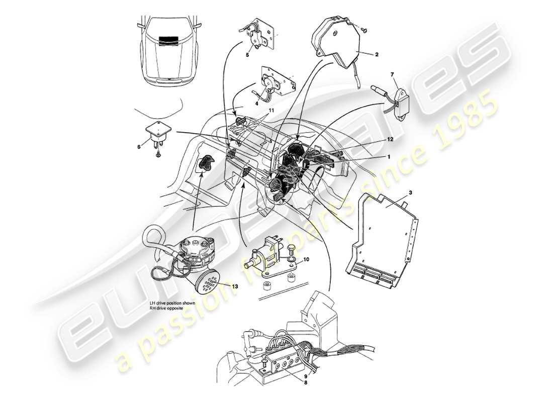 aston martin v8 volante (1997) sensors, switches, solenoids, motors etc parts diagram