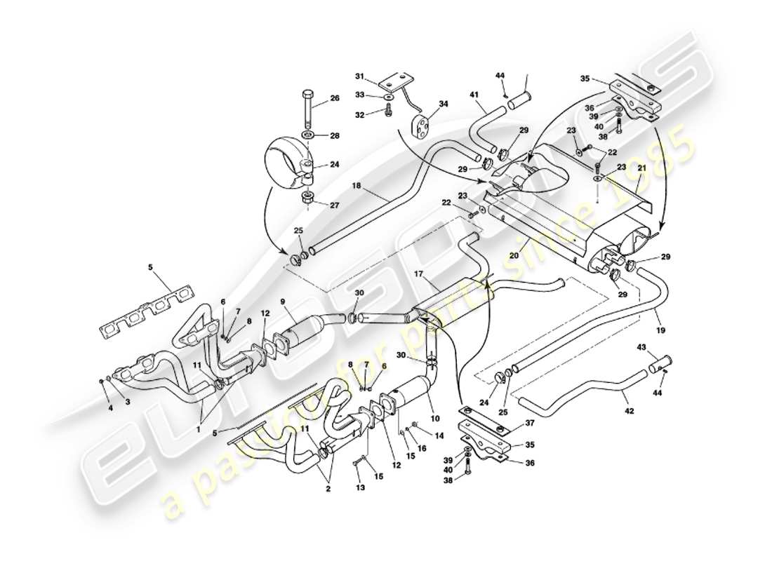aston martin v8 volante (2000) exhaust system part diagram