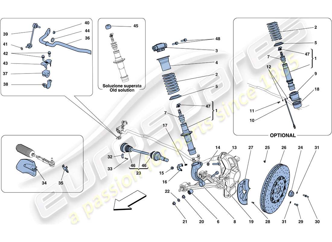 ferrari ff (europe) front suspension - shock absorber and brake disc parts diagram