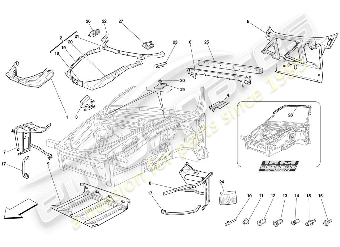 ferrari f430 scuderia (rhd) chassis - complete front structure and panels parts diagram