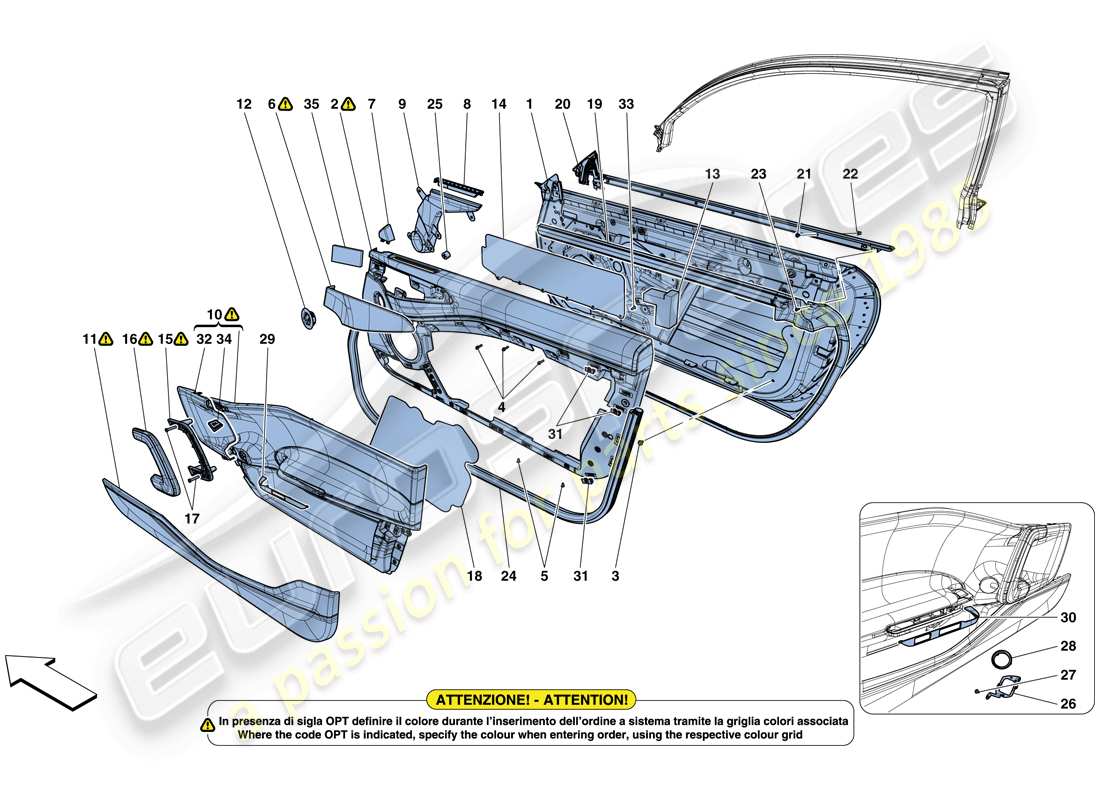 ferrari gtc4 lusso (rhd) doors - substructure and trim part diagram