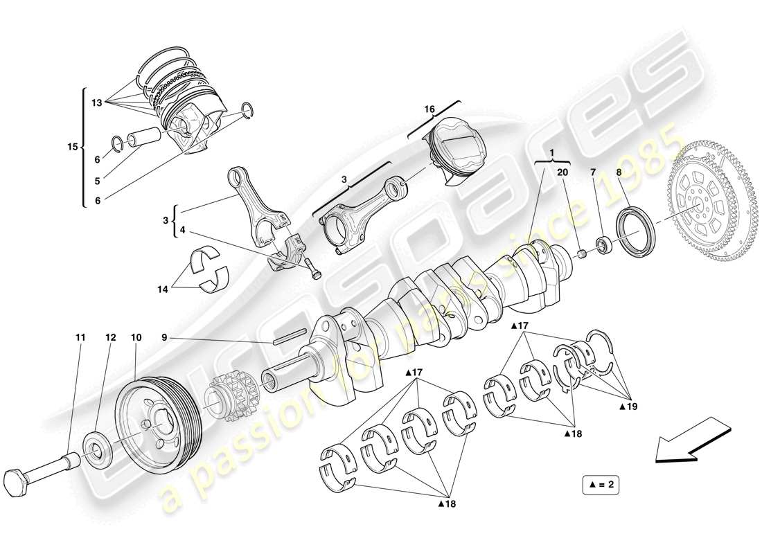 ferrari 599 sa aperta (rhd) crankshaft - connecting rods and pistons part diagram