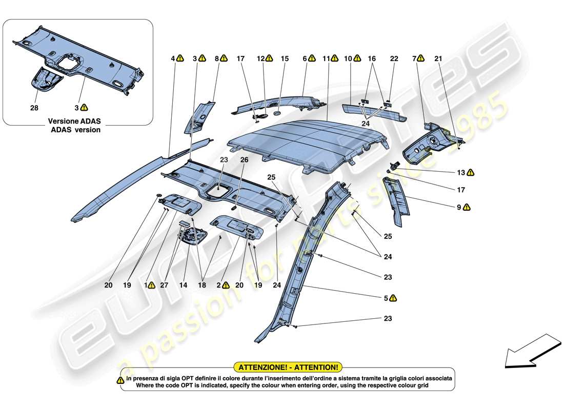 ferrari gtc4 lusso (rhd) headliner trim and accessories part diagram