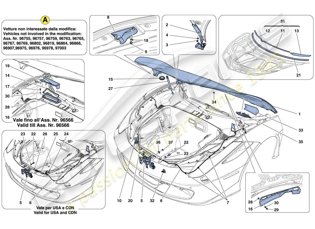 ferrari 458 italia (rhd) front lid and opening mechanism part diagram