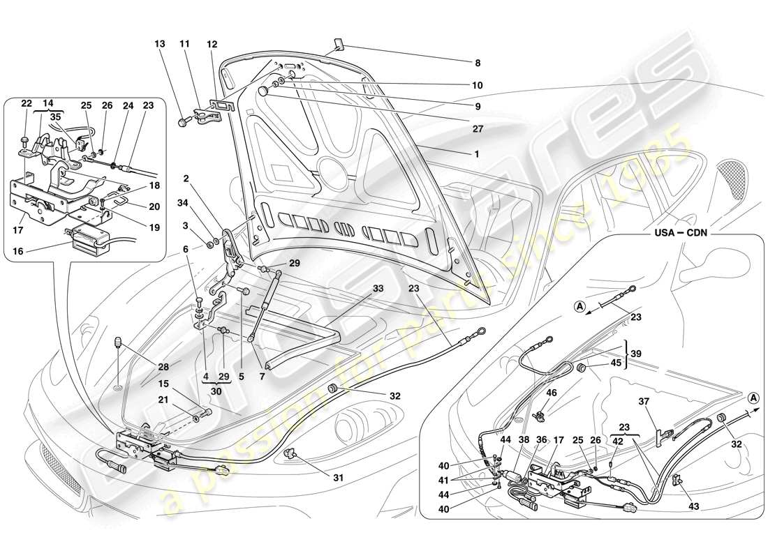 ferrari f430 scuderia (europe) front lid and opening mechanism part diagram