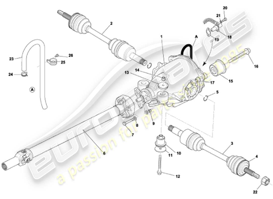 aston martin vanquish (2001) differential assembly, drive & propshafts part diagram