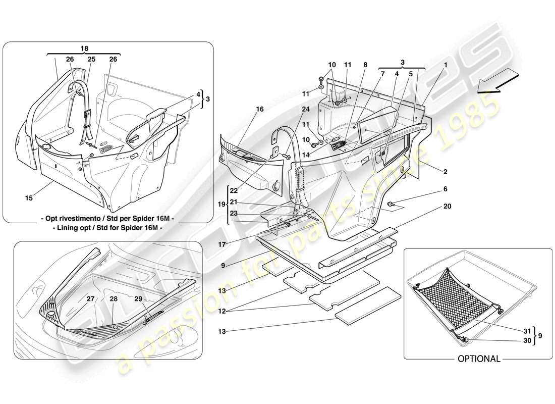 ferrari f430 scuderia (europe) front compartment trim part diagram