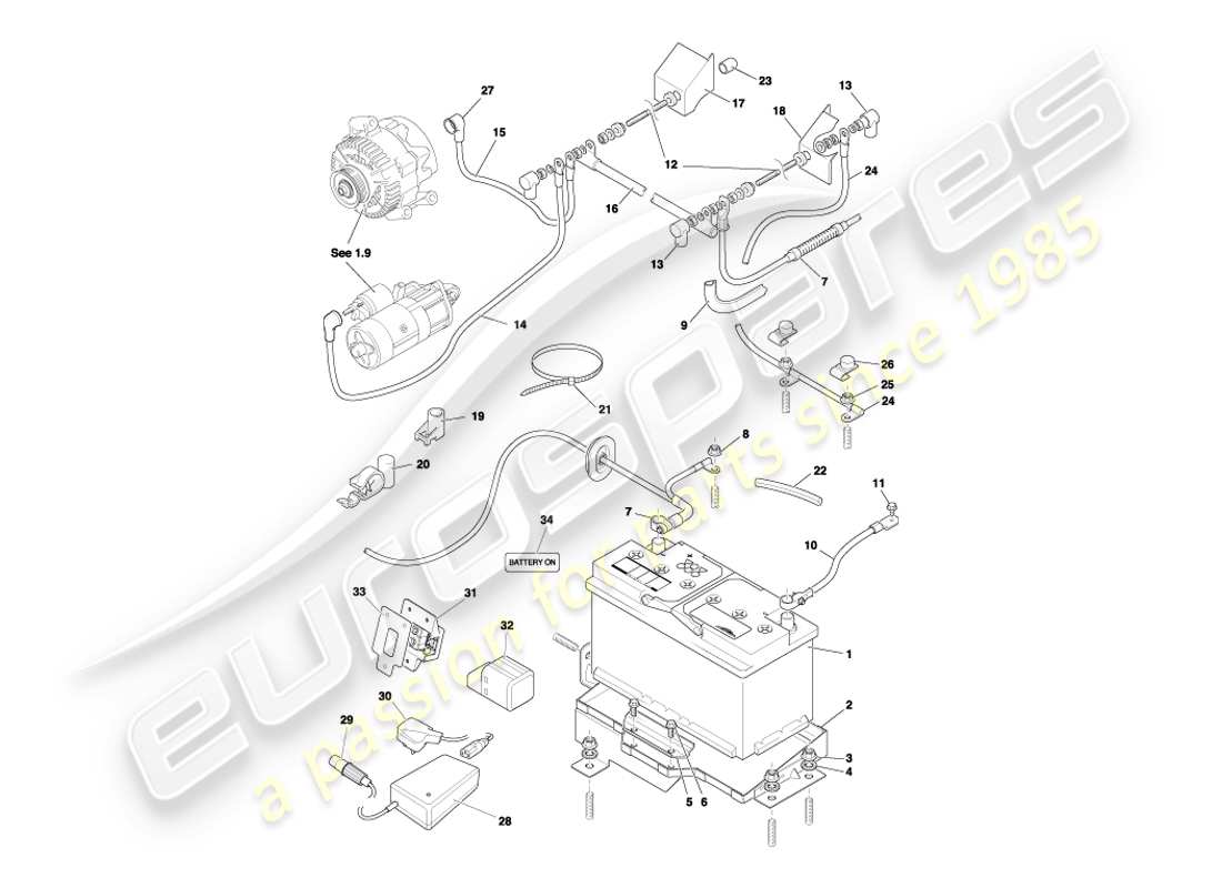 aston martin db7 vantage (1999) battery & tray part diagram