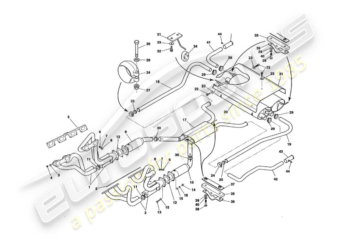 aston martin v8 volante (1997) exhaust system parts diagram